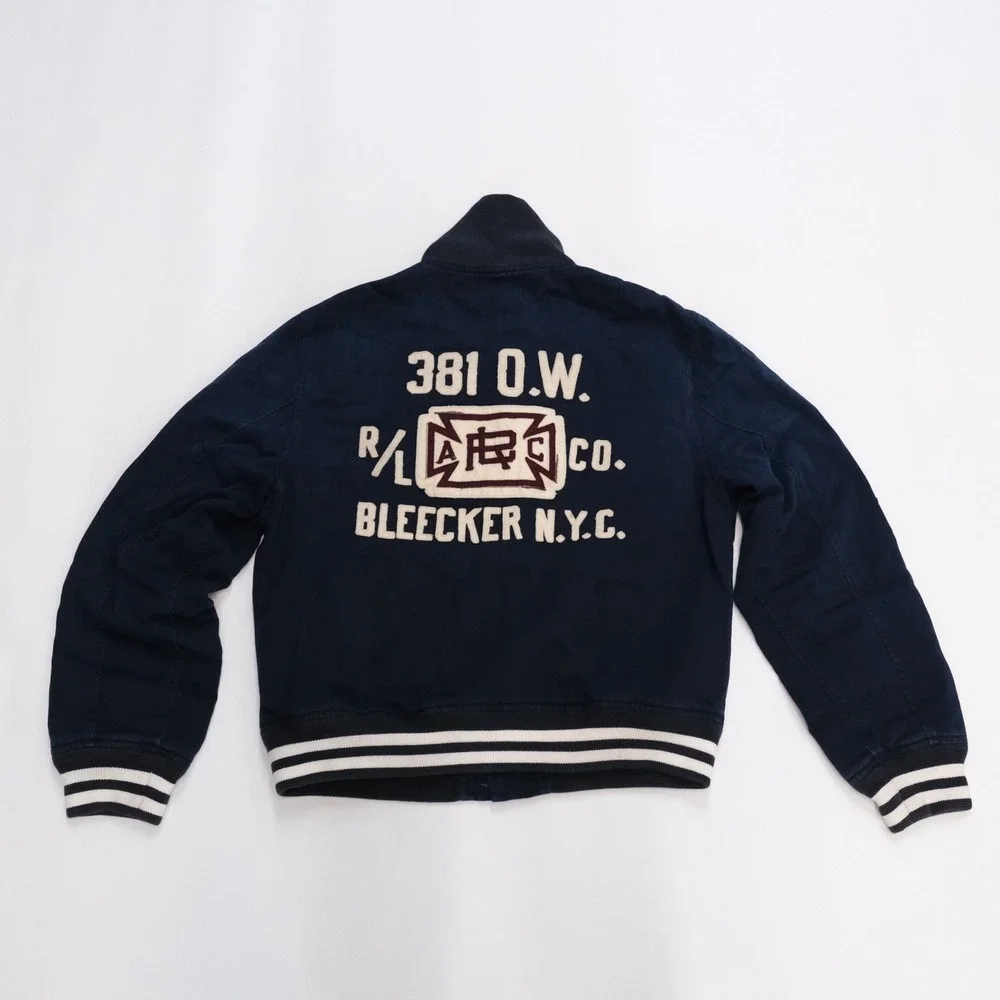 Polo Ralph Lauren Varsity Jacket Mens Medium Navy Blue Bleecker NYC Letterman